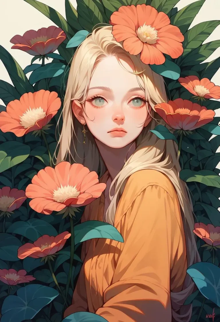 A beautifully illustrated girl with blonde hair and green eyes, surrounded by vibrant orange flowers, created using stable diffusion AI.