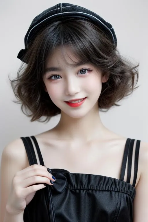 A close-up portrait of a cute young girl with short curly hair, wearing a black top and a matching black headband. AI generated image using stable diffusion.