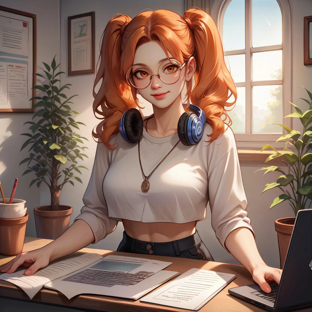 Redheaded girl in anime style with glasses and headphones, working at a desk with documents and a laptop, AI generated image using Stable Diffusion.