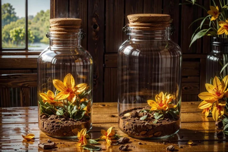 Glass jars with yellow flowers set on a wooden table, created using Stable Diffusion.