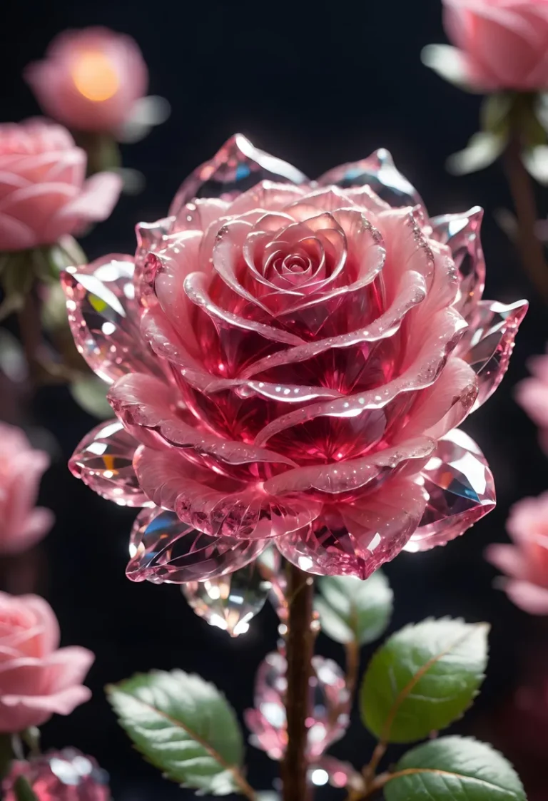 An AI generated image using stable diffusion of a glass rose with intricate crystal petals, surrounded by other pink roses and green leaves.