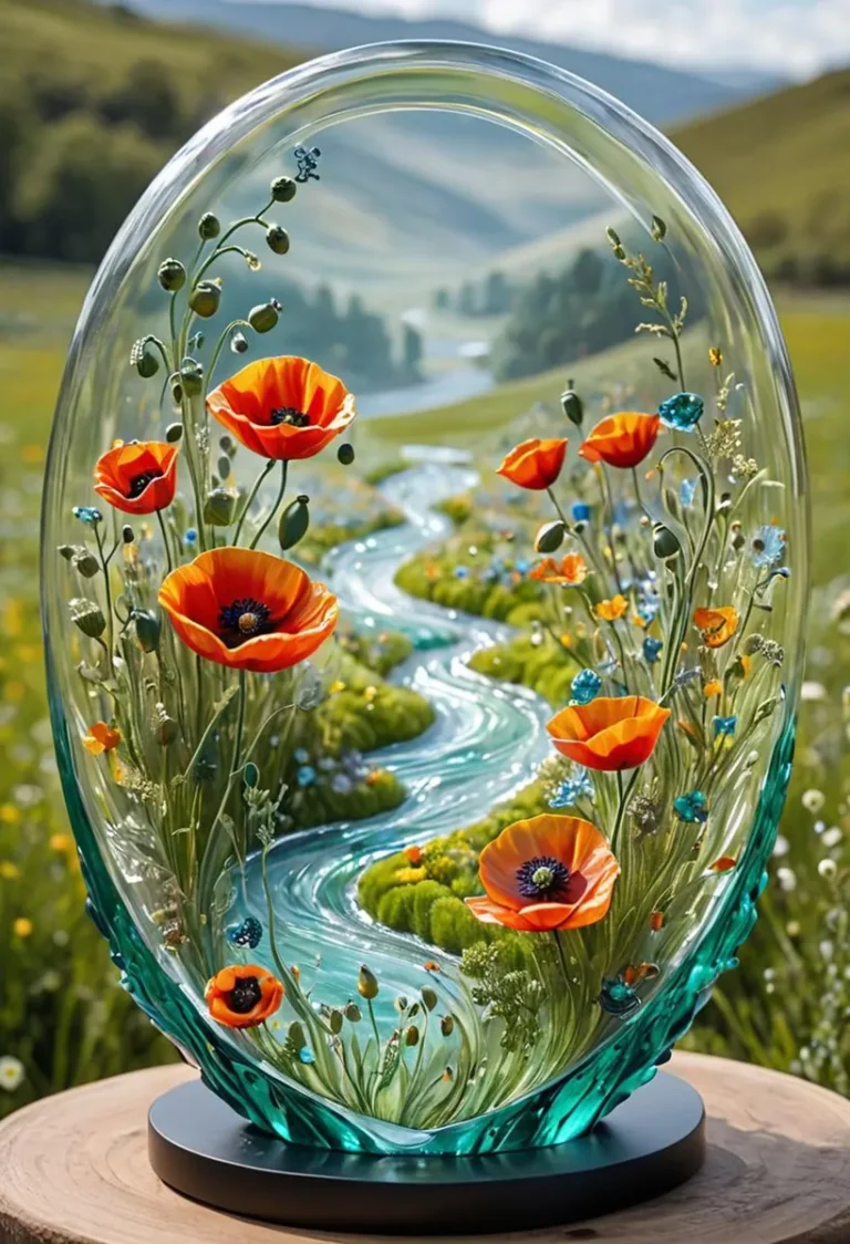 AI-generated image of a glass sculpture featuring vibrant poppy flowers with a scenic landscape backdrop, created using Stable Diffusion.