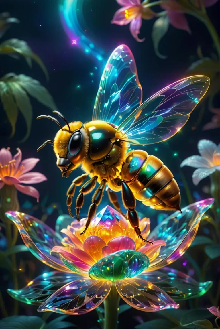 A glowing bee with luminescent wings hovers over a radiant, colorful flower. This is an AI-generated image using stable diffusion.