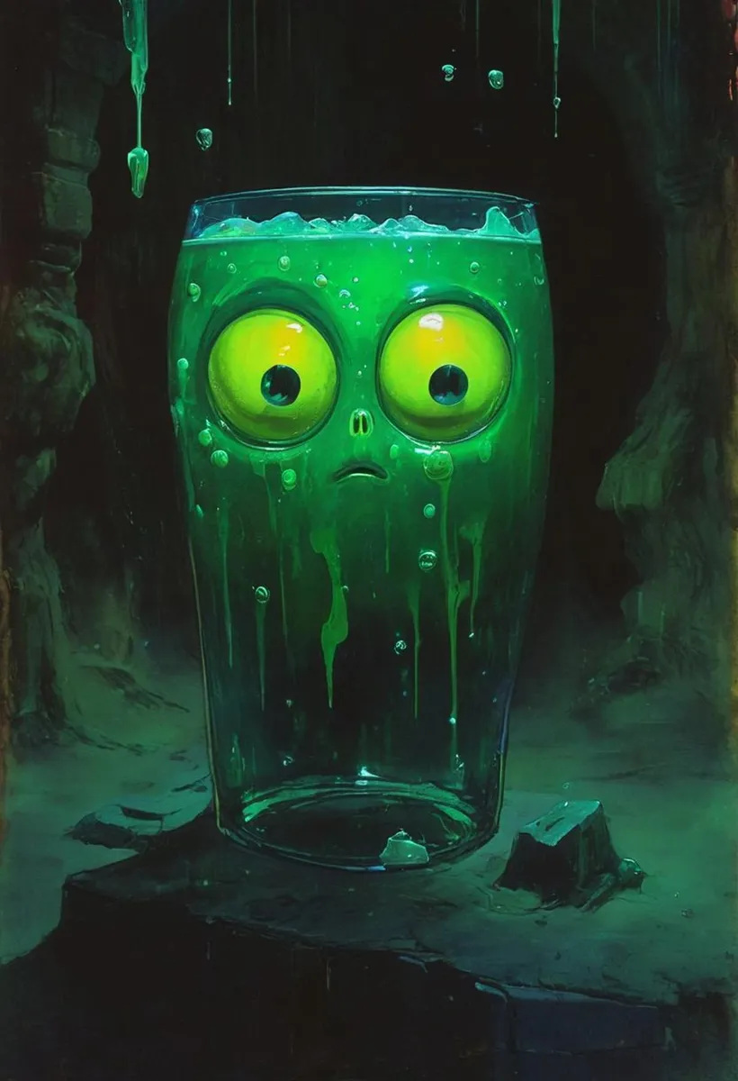 A detailed image of a glowing green drink in a glass with animated features. This is an AI generated image using Stable Diffusion.