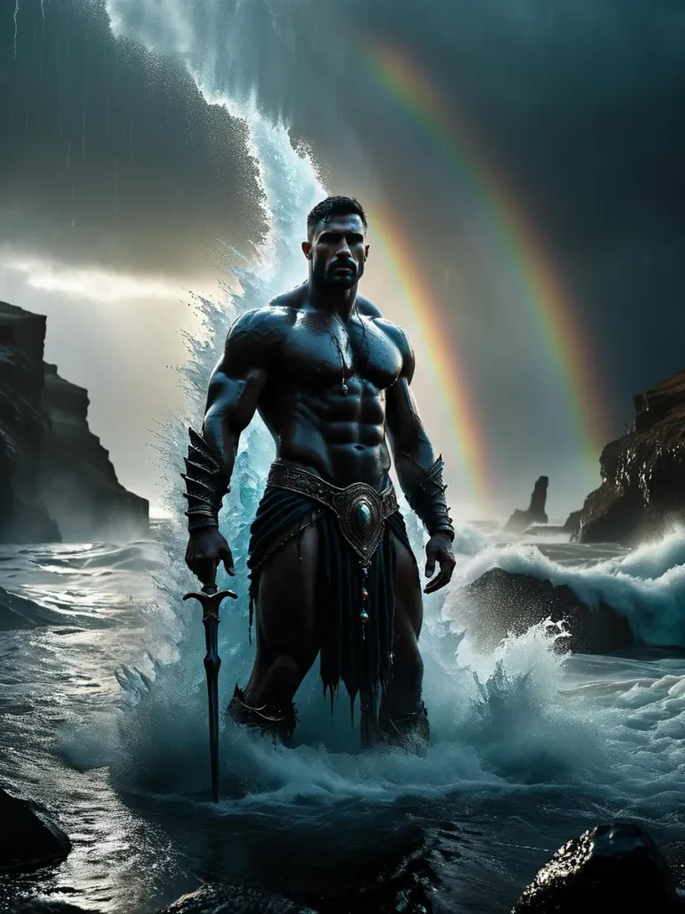 Fantasy warrior standing in turbulent waters with a stormy sky and double rainbow, AI generated image using Stable Diffusion.