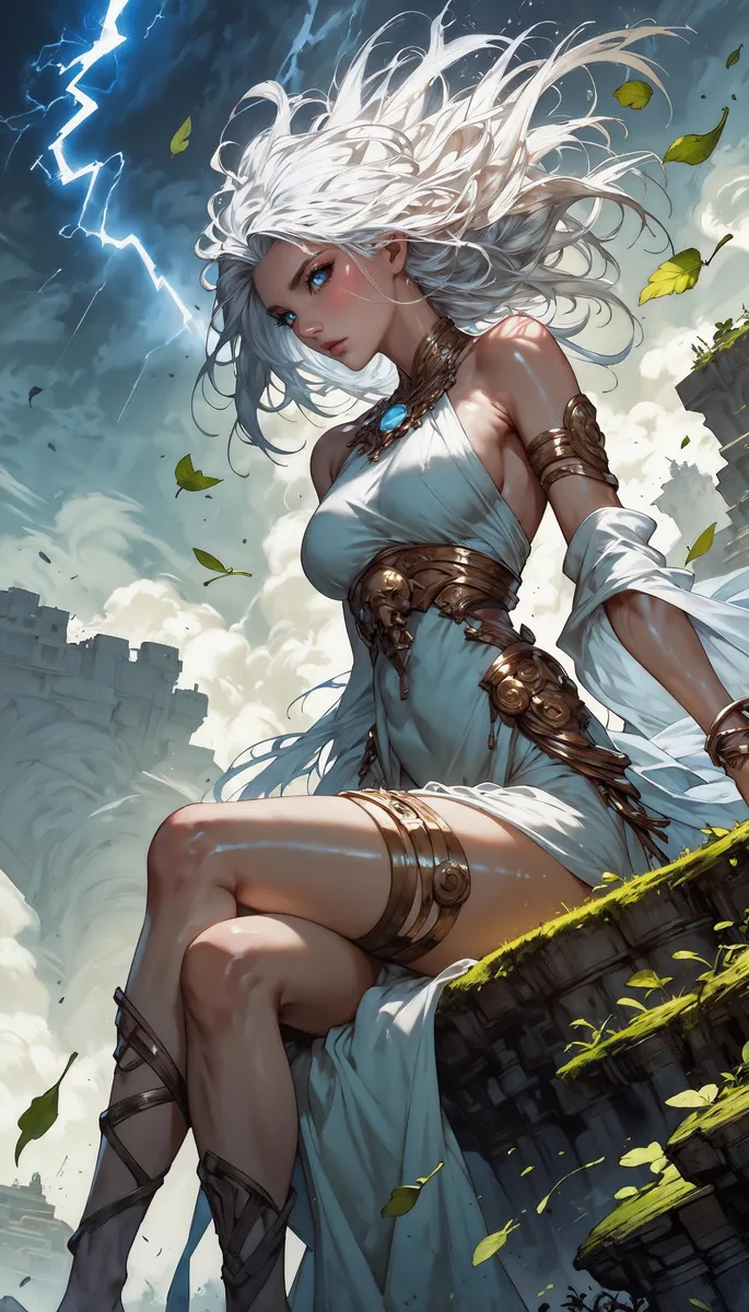 AI generated image using Stable Diffusion depicting a goddess warrior with flowing white hair, wearing ancient armor, and sitting amidst a cloudy, lightning-filled sky.
