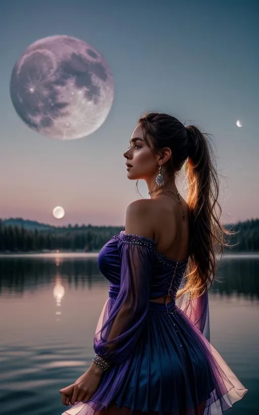 An AI generated image of a goddess standing by the lake under the moonlight, created using Stable Diffusion.