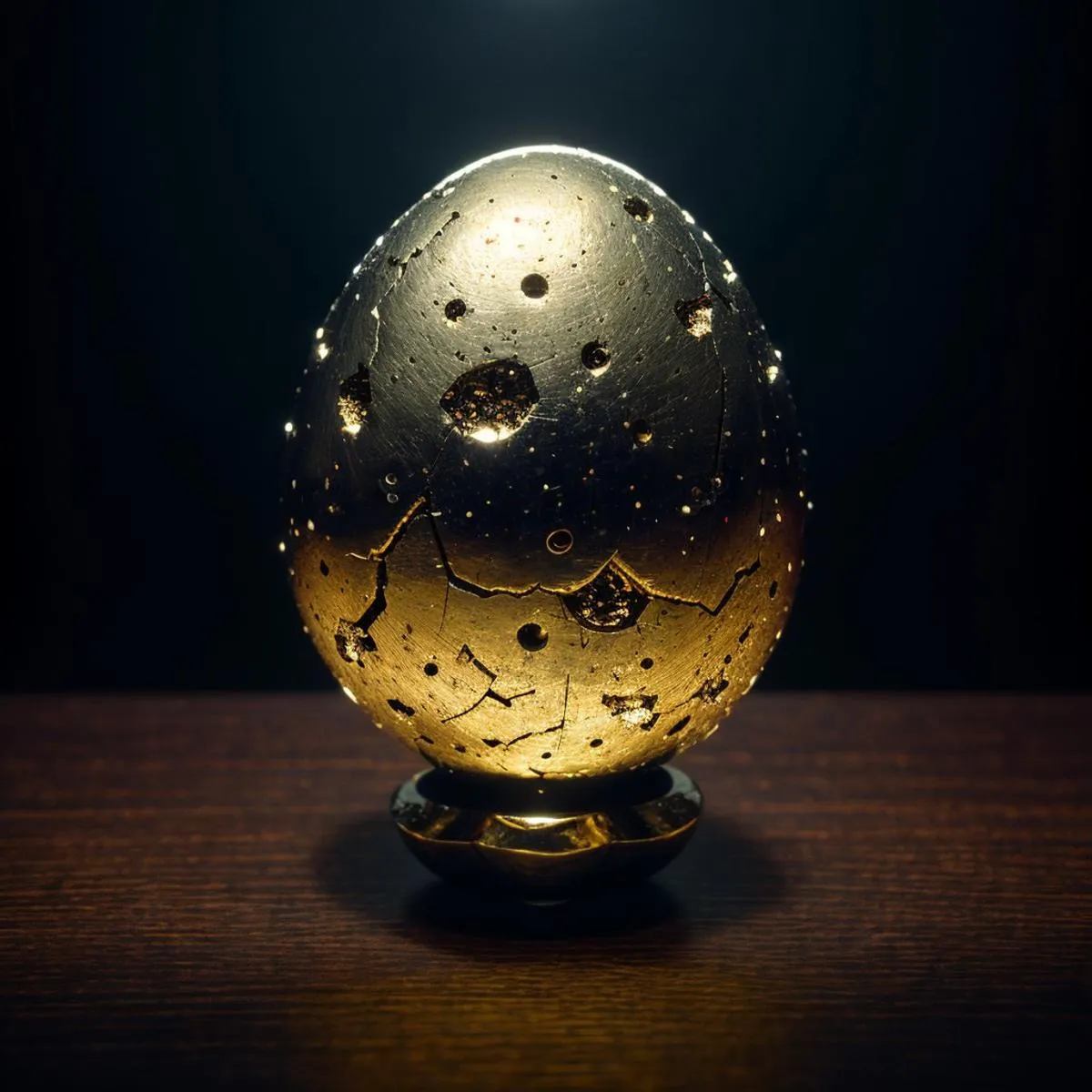 Beautifully rendered AI image using Stable Diffusion, featuring a golden egg with cracks and holes, illuminated with soft glowing light, placed on a pedestal against a dark background.