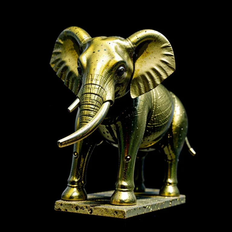 AI generated image of a shiny golden elephant sculpture with intricate details, created using Stable Diffusion.