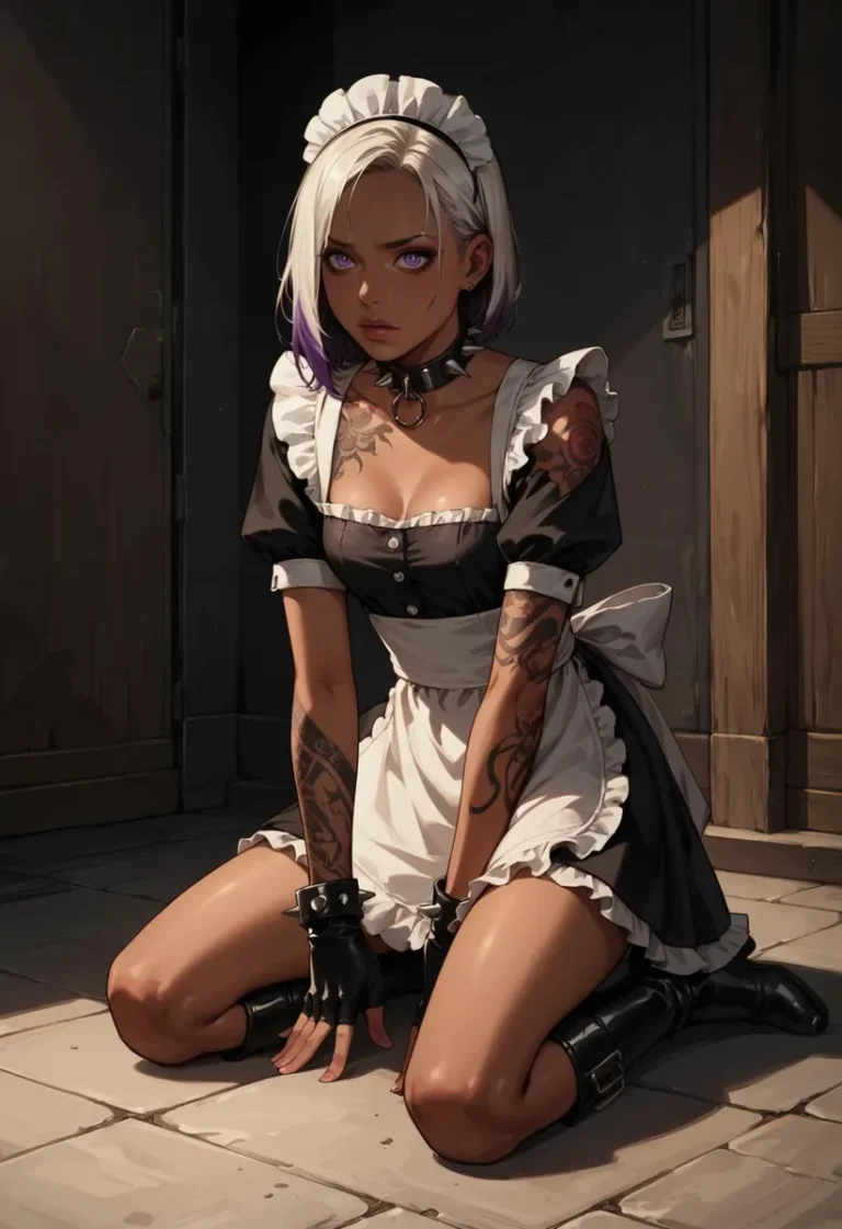 Anime-style goth maid with tattoos and purple eyes, generated using Stable Diffusion.