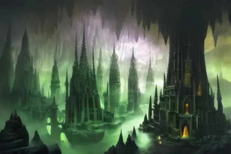 Gothic cityscape in a dark fantasy setting with towering spires and eerie green lighting, generated using AI and Stable Diffusion.