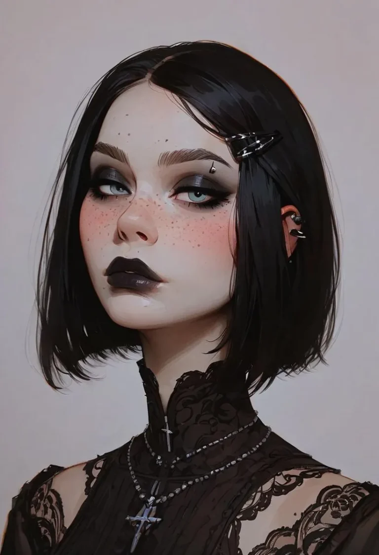 AI generated image of a gothic girl with black lipstick, wearing a lacy black top and cross necklaces. Created using stable diffusion.