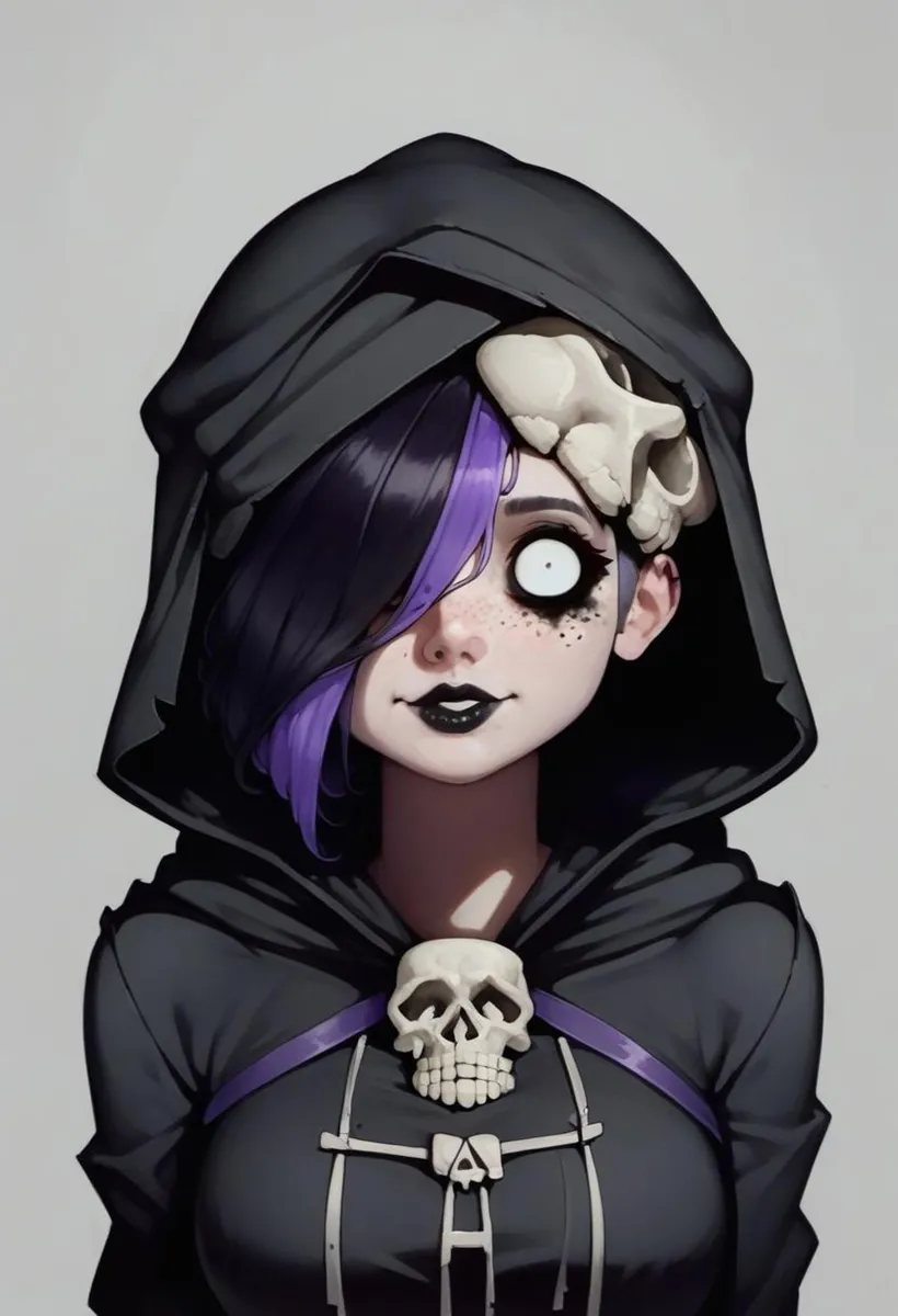 A gothic girl with purple hair, wearing a black hood and skull accessory, AI generated using Stable Diffusion.
