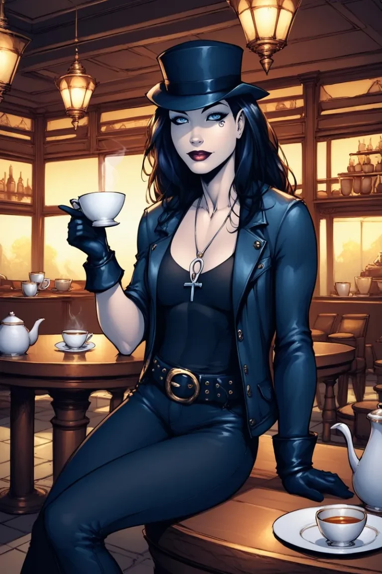 A woman in gothic clothing, complete with a top hat, black gloves, and an ankh necklace, sitting in a warmly lit café and sipping tea. AI generated image using Stable Diffusion.