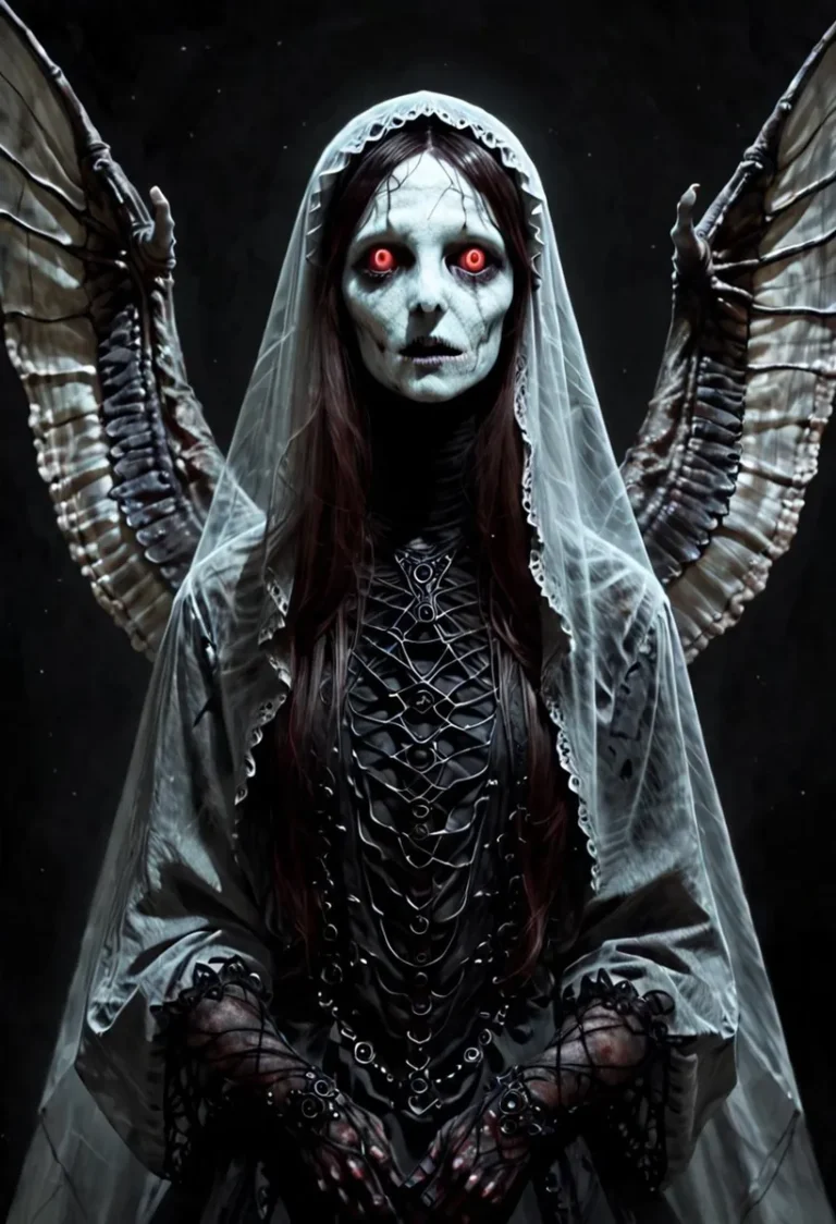 A gothic angel with glowing red eyes, wearing a white veil and intricate black dress, generated using stable diffusion.