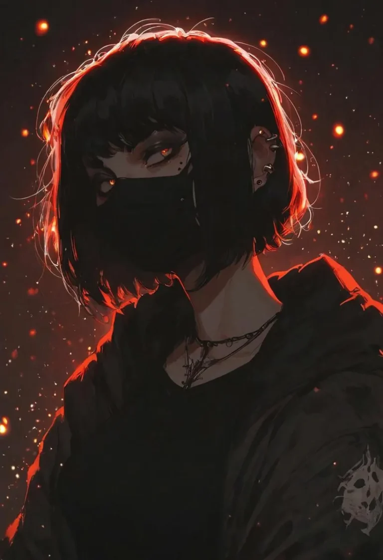 Gothic character in anime style with short black hair, red glowing eyes, and a black face mask, created using stable diffusion AI.