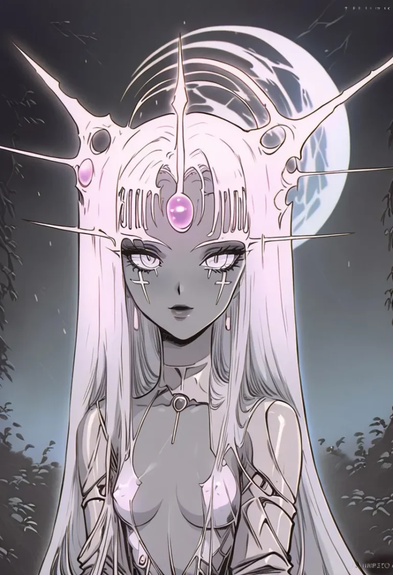 Gothic anime fantasy character with ethereal appearance and intricate headpiece in front of a full moon. AI generated image using stable diffusion.