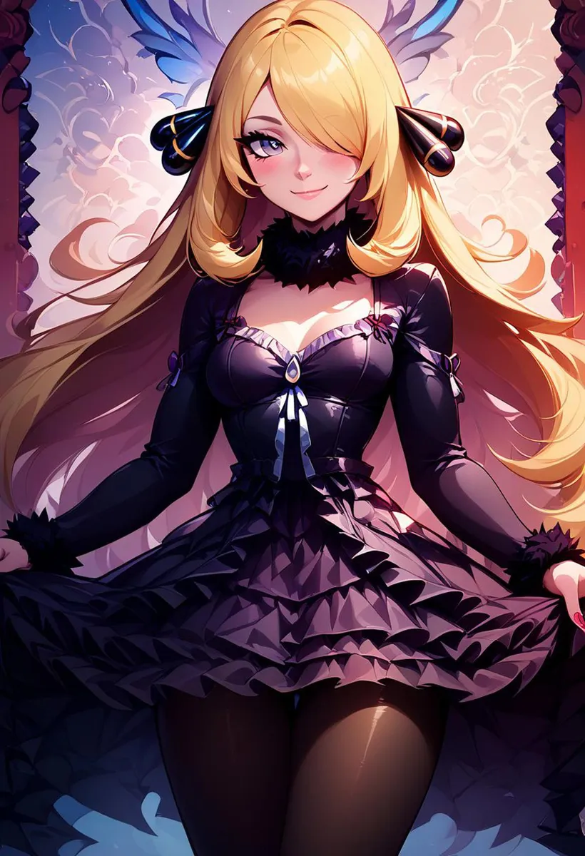 Anime girl with long blonde hair wearing a black gothic dress. AI generated image using stable diffusion.