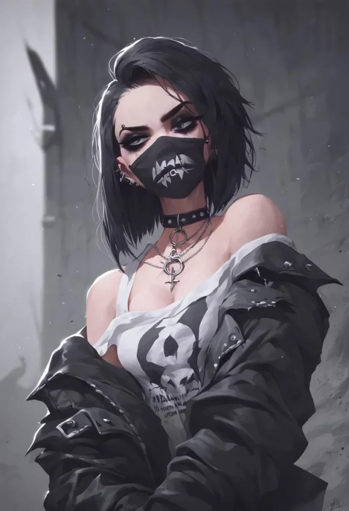 Stylized gothic anime girl with face mask, dark hair, and gothic clothing.
