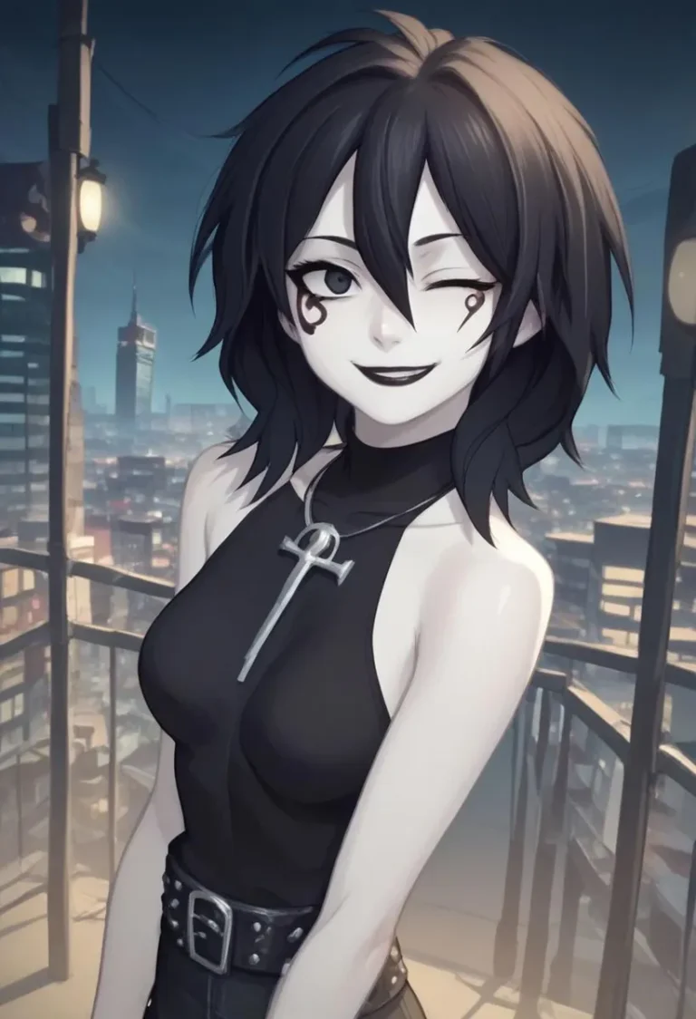 Gothic anime girl with black hair and a sleeveless top, standing in front of a cityscape background during dusk, generated using Stable Diffusion.