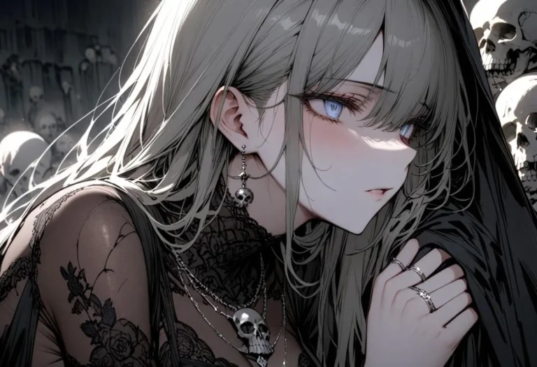 Gothic anime-style woman with long blonde hair, wearing black lace and skull jewelry, surrounded by skulls. AI generated image using Stable Diffusion.