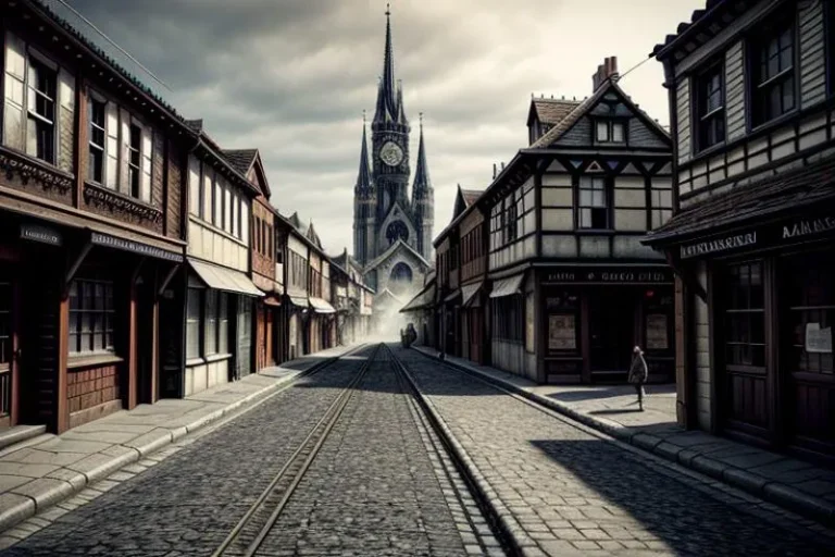 AI generated image of a medieval street with Gothic architecture using Stable Diffusion.