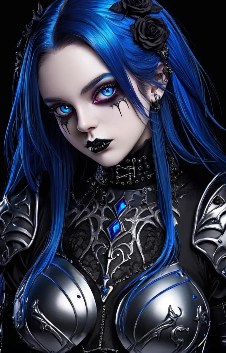 A blue-haired woman with striking blue eyes in elaborate gothic armor and make-up, showcasing an AI generated image using stable diffusion.