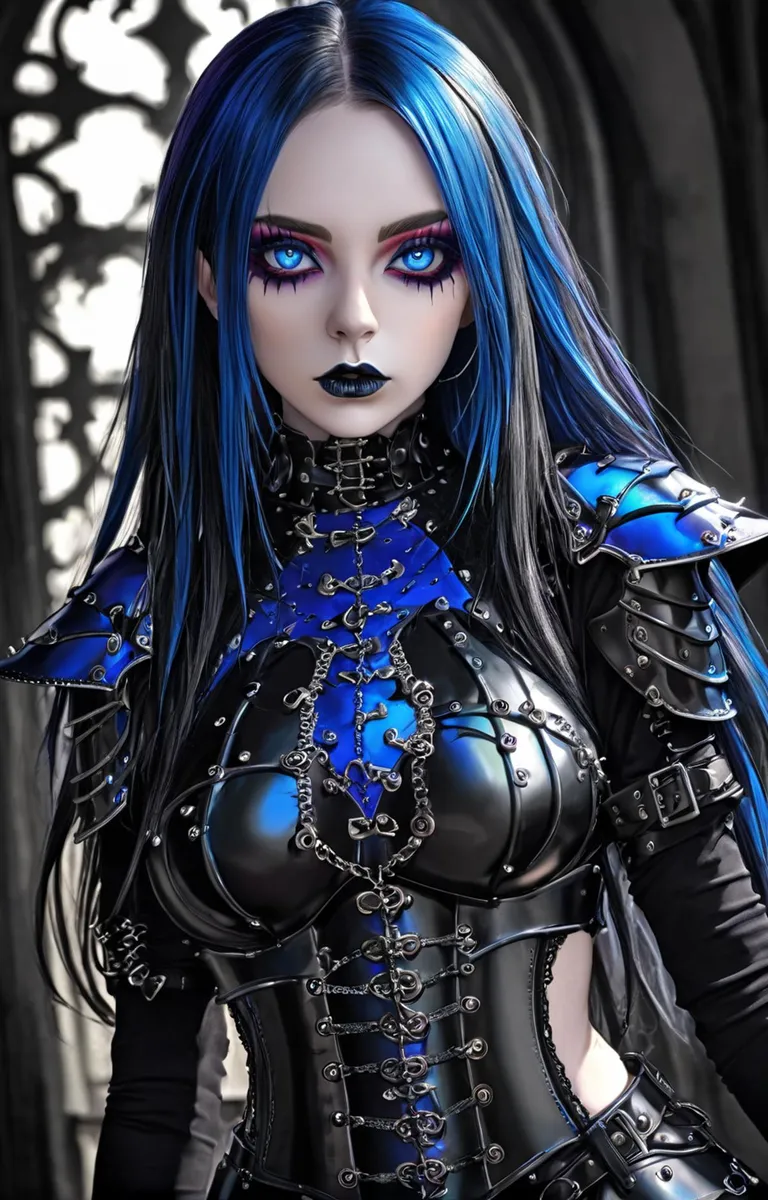 AI generated image of a gothic woman with blue hair and striking blue eyes, wearing intricate black and blue cyberpunk armor in a detailed, gothic setting.
