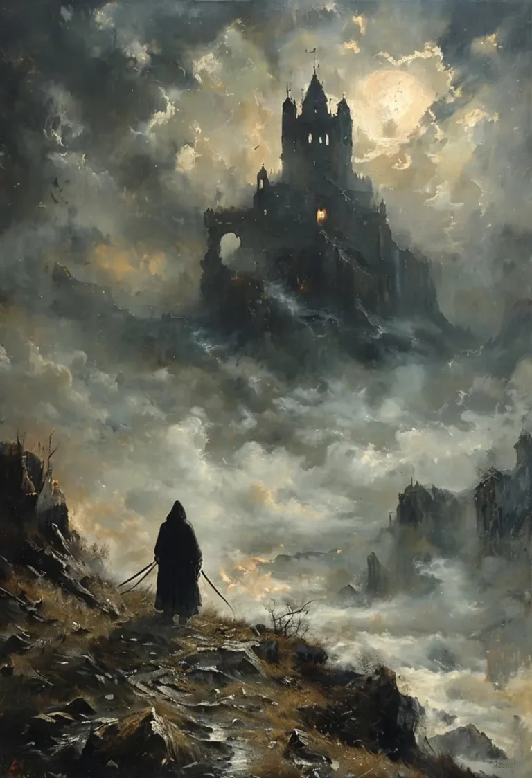 Fantasy landscape featuring a gothic castle surrounded by mist and clouds. In the foreground, a hooded figure stands on a rugged path. AI generated image using Stable Diffusion.