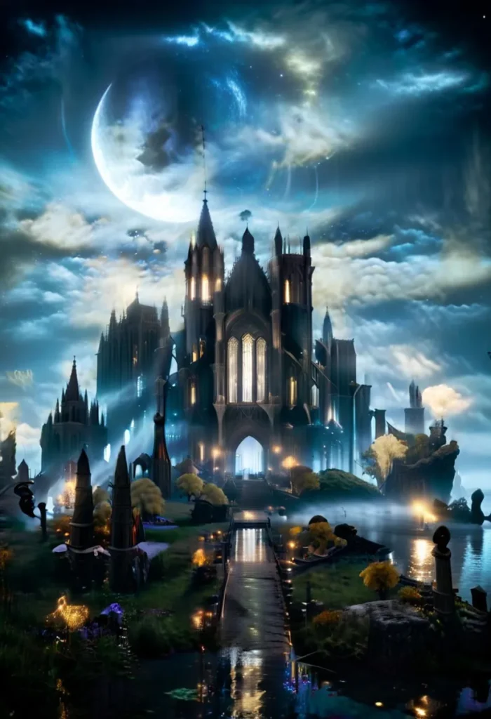 A stunning AI-generated fantasy night scene featuring a large illuminated gothic castle with spires under a dramatic moonlit cloudy sky, created using Stable Diffusion.