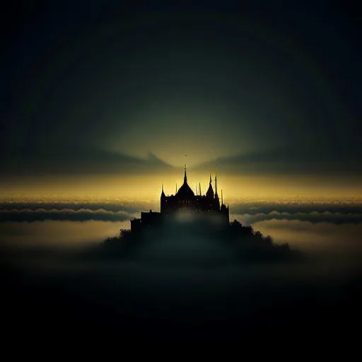 AI generated image using stable diffusion of a gothic castle silhouetted against a setting sun, enveloped in a misty landscape.