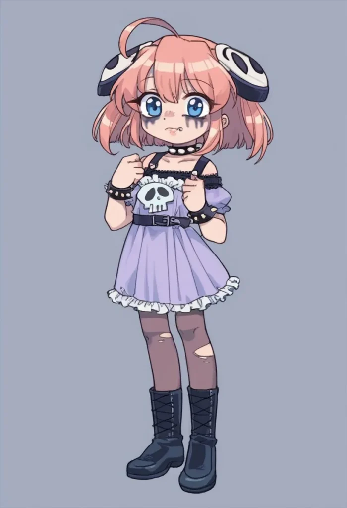 A cute chibi anime girl with pink hair, blue eyes, and gothic clothing, generated by AI using Stable Diffusion.