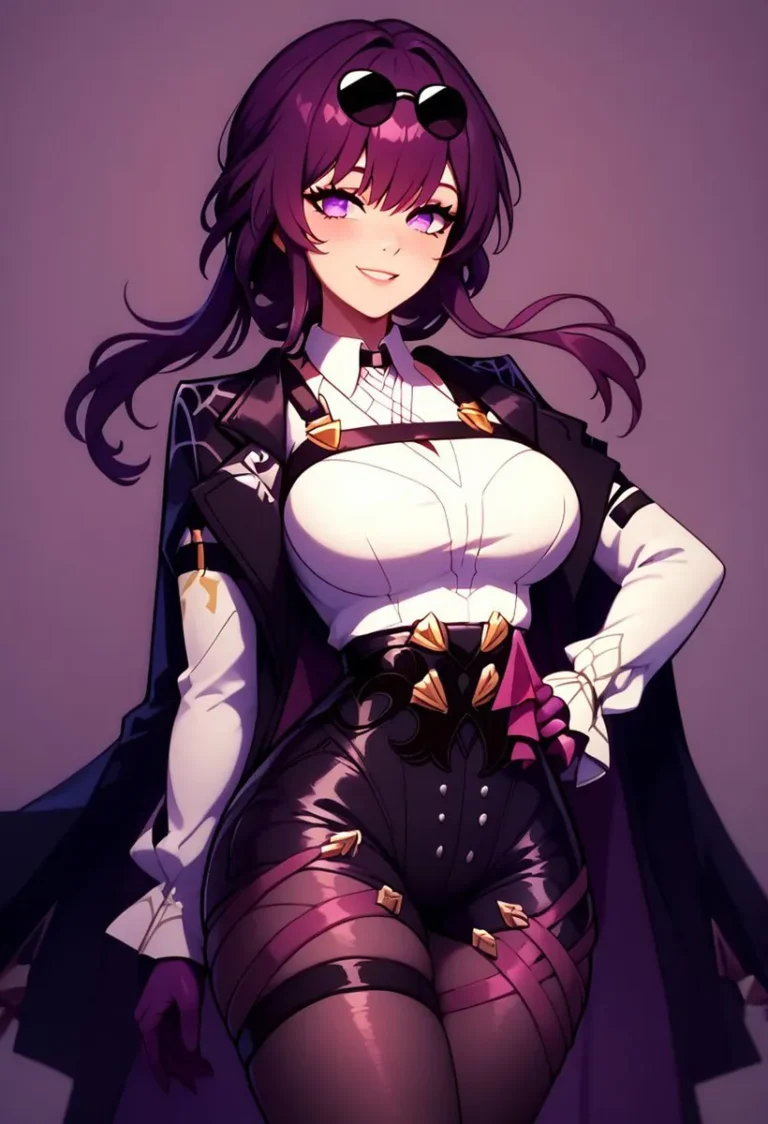 An AI generated image of a gothic anime woman character created using Stable Diffusion. She has purple hair, wears goggles, a white blouse, a dark coat, and leather pants.