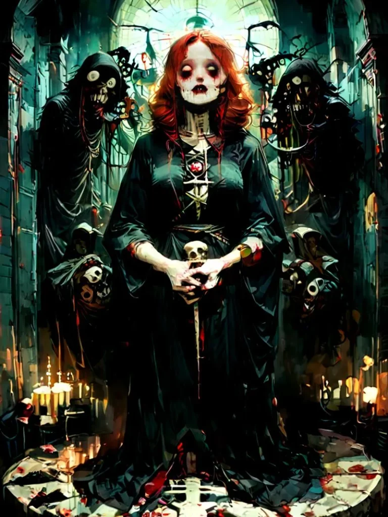 A Gothic horror female necromancer with a red-haired woman in dark robes standing in a dimly lit, eerie room with hooded figures and skulls, AI generated image using Stable Diffusion.