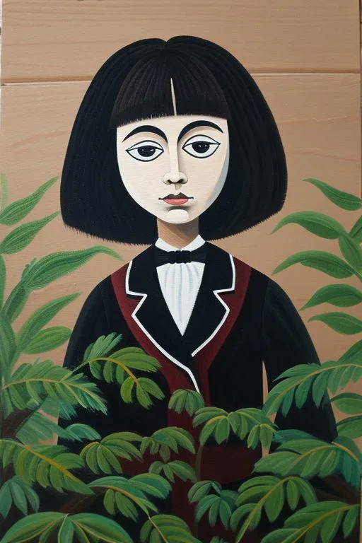 A gothic-style portrait of a girl with a bob haircut, dressed in dark clothing, surrounded by green leaves. AI generated using Stable Diffusion.