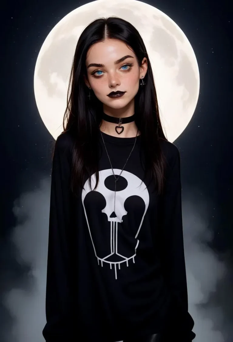 A Gothic girl with pale skin, dark makeup, and black attire stands against a full moon backdrop, AI generated using stable diffusion.