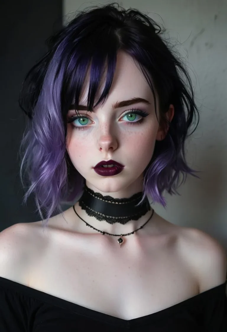 Gothic girl with purple hair and green eyes, AI generated image using stable diffusion.