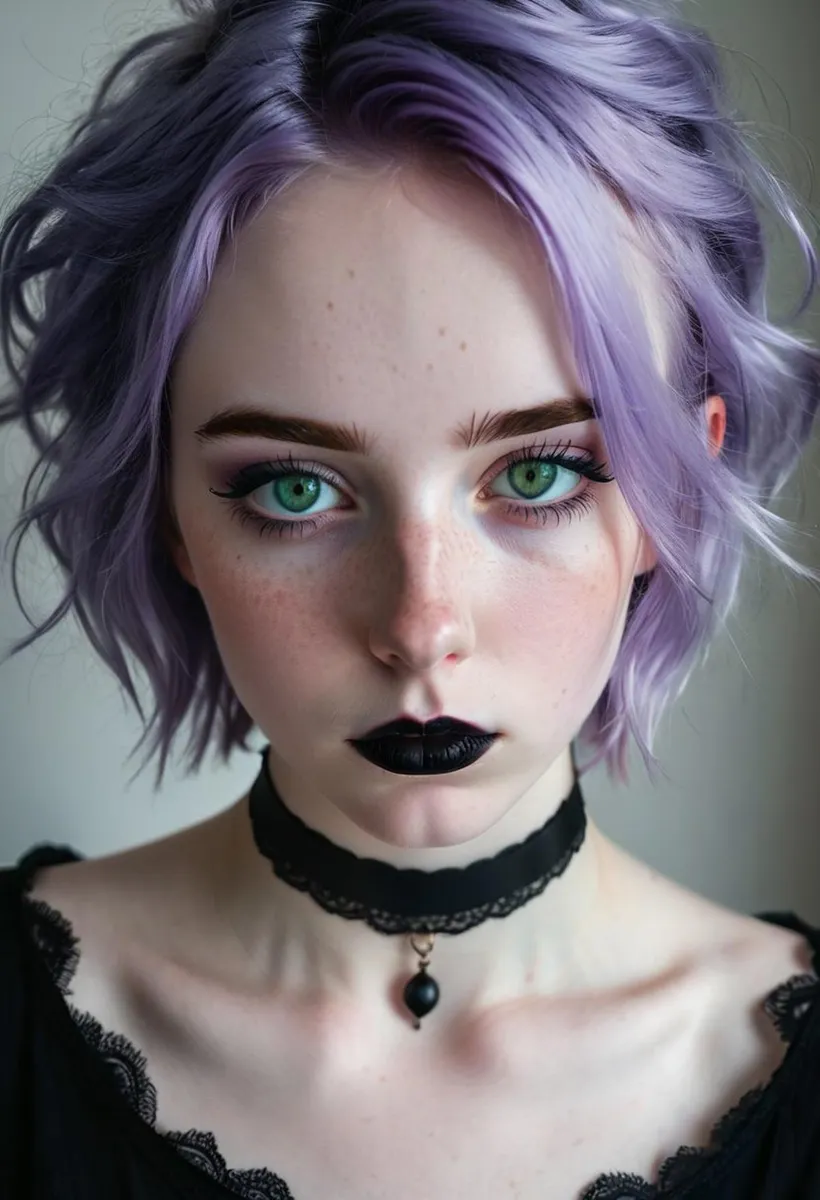 AI generated image using Stable Diffusion of a gothic girl with light purple hair, green eyes, dark makeup, and a black choker.