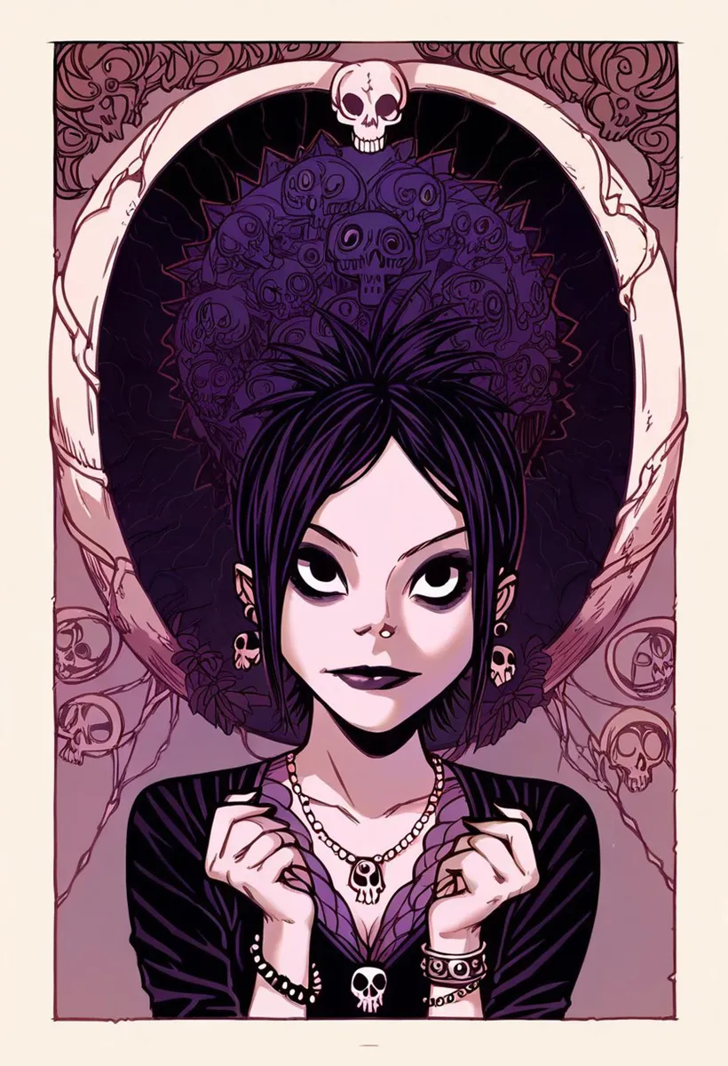 AI generated illustration using stable diffusion depicting a gothic girl with dark hair, skull jewelry, and a background of skulls.