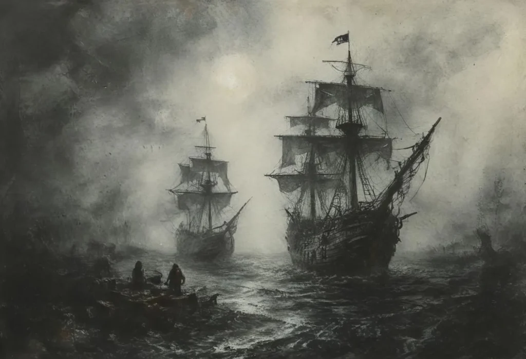 Gothic ships on a dark, mysterious sea with two sailors in a small boat, created using Stable Diffusion.