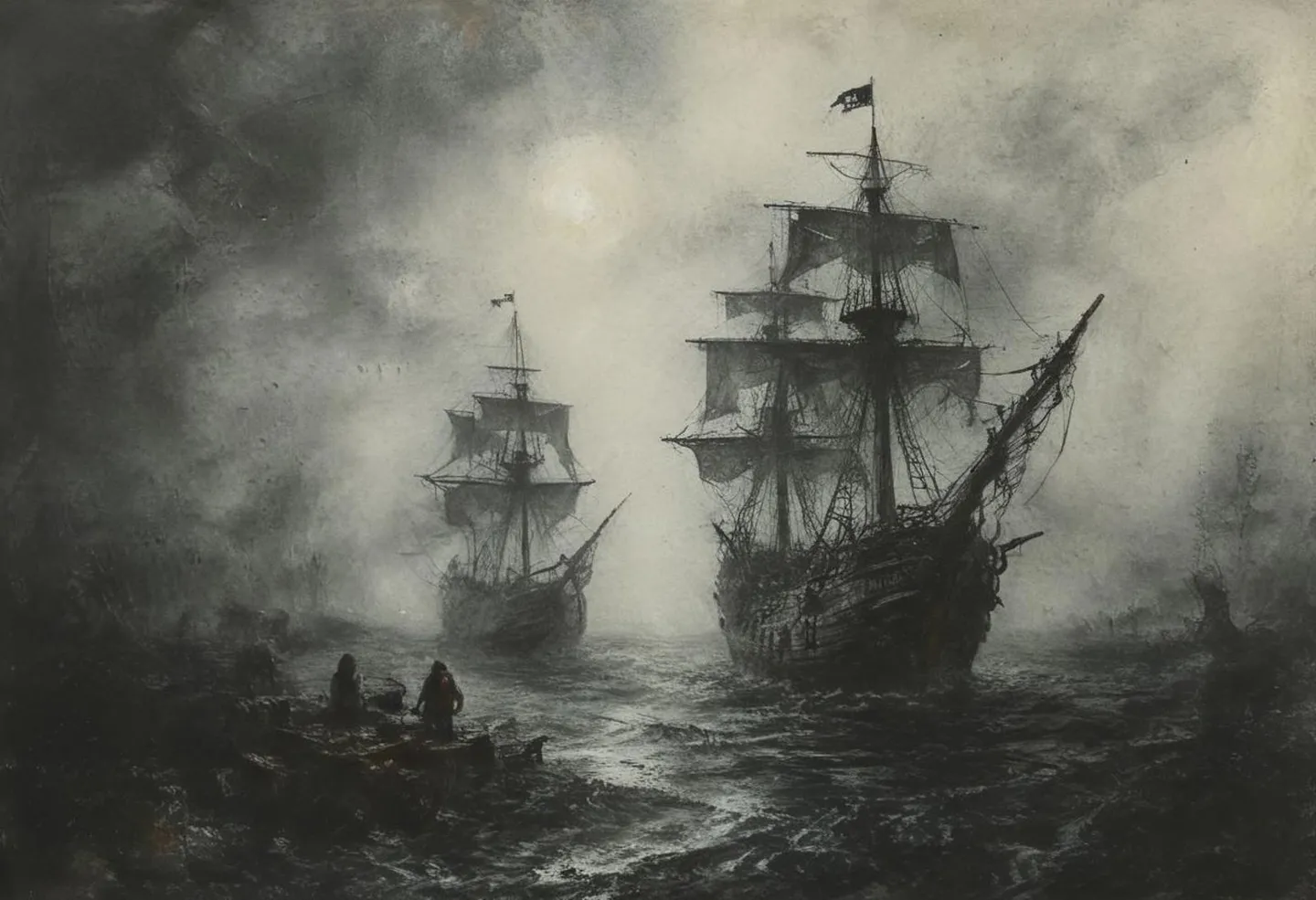 Gothic ships on a dark, mysterious sea with two sailors in a small boat, created using Stable Diffusion.