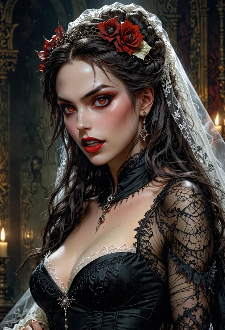 A stunning AI generated image using Stable Diffusion depicting a gothic vampire bride with radiant red eyes, adorned in intricate lace and floral accessories.
