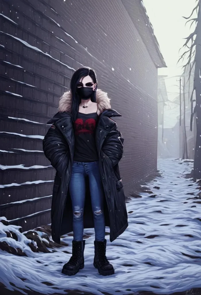 A girl dressed in gothic fashion on a snowy winter street in an AI generated image using stable diffusion.