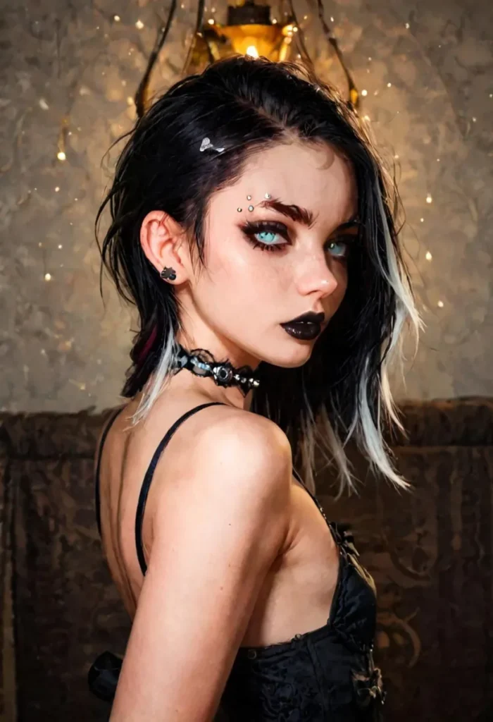 Gothic woman in dark attire with piercings and black lipstick, created using Stable Diffusion AI.