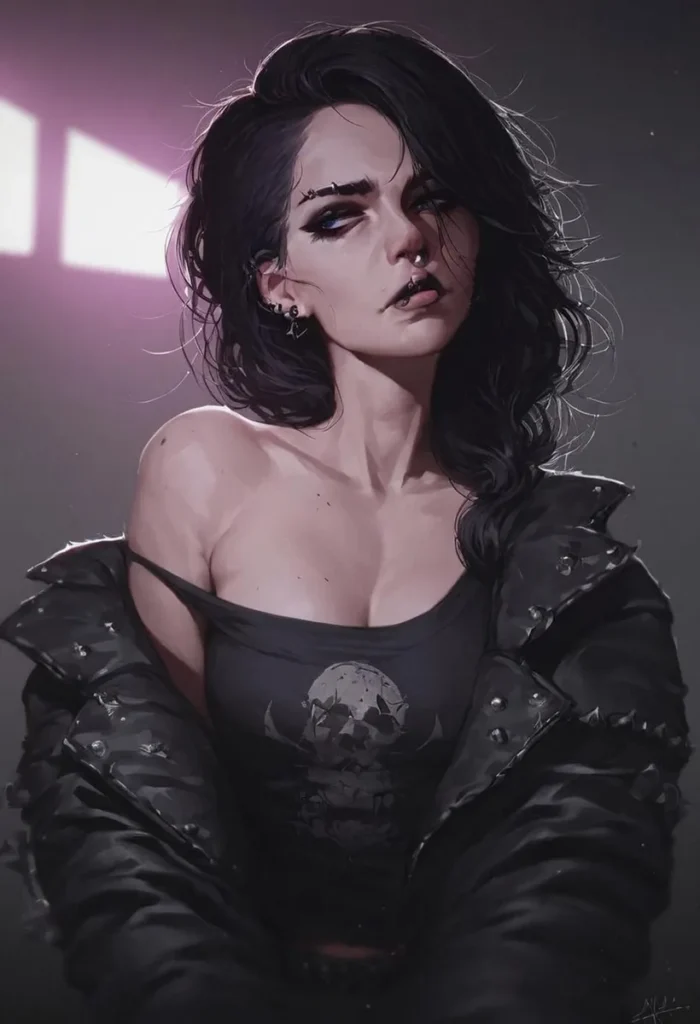 A gothic woman with dark makeup and piercings, dressed in a black jacket and tank top, an AI generated image using stable diffusion.