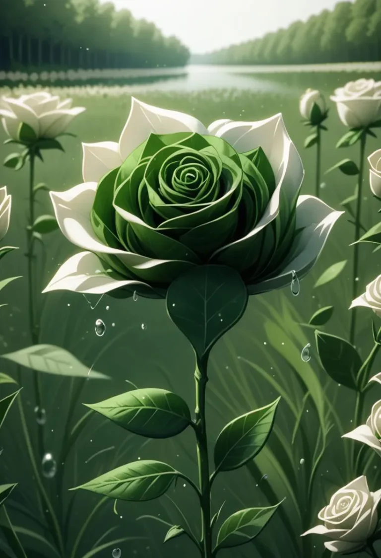 A digitally created image using Stable Diffusion of a green rose with white petals blooming in a serene environment by a lake, surrounded by other flowers and greenery.