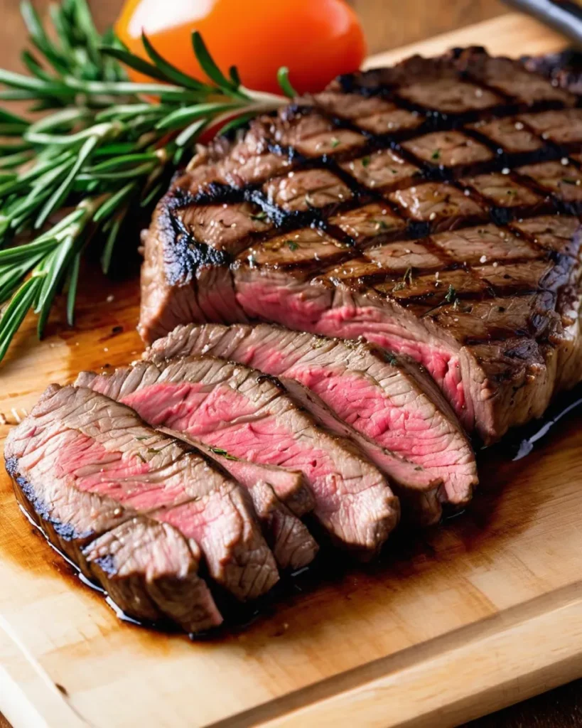 Juicy medium rare steak with perfect grill marks on a cutting board garnished with fresh rosemary and a tomato, emphasizing that this is an ai generated image using stable diffusion.