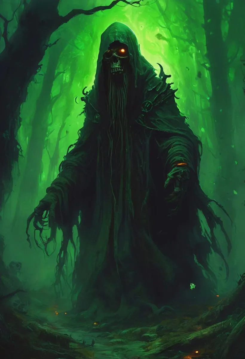 A Grim Reaper figure with a hooded cloak standing in a dark, eerie forest with a surreal green glow, AI generated image using Stable Diffusion.