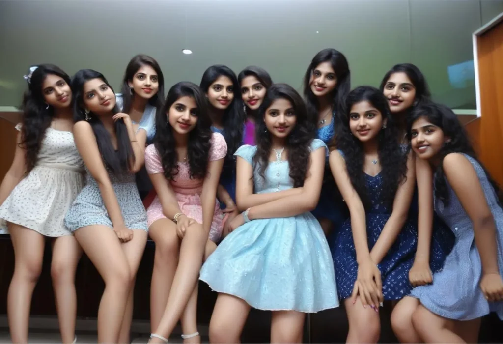Group of young women in fashionable dresses posing together. AI generated image using stable diffusion.