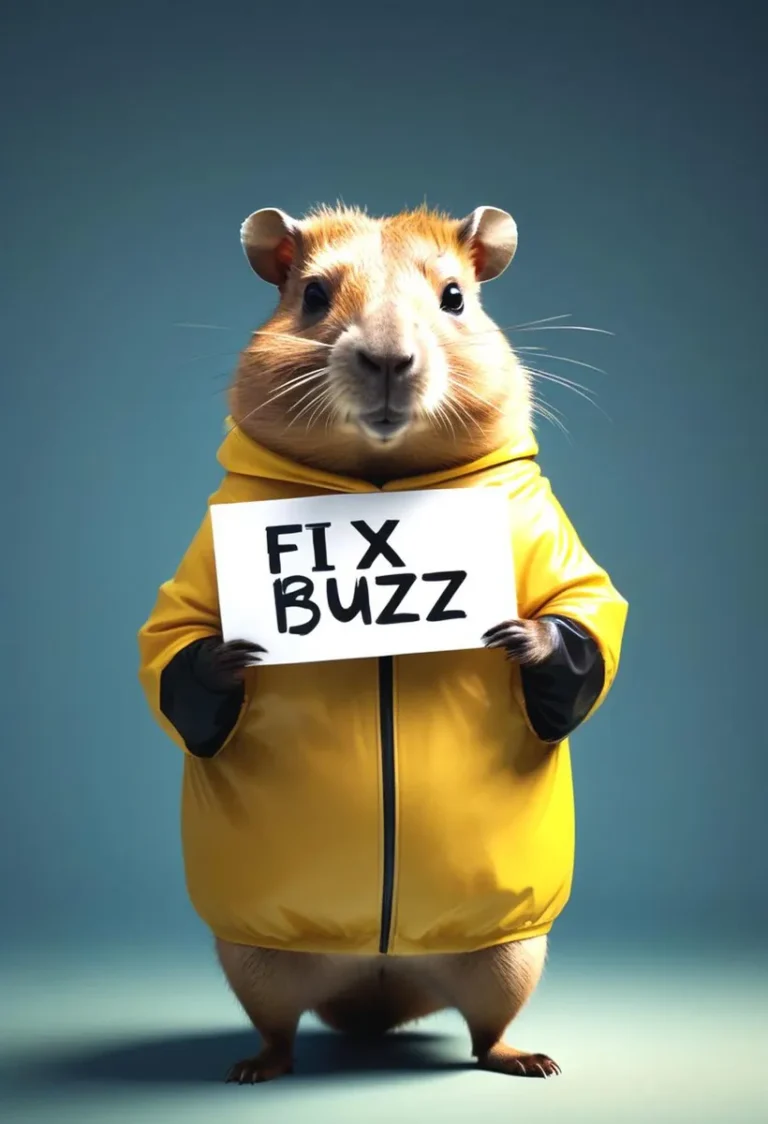An AI generated image of a cute hamster wearing a yellow raincoat, holding a sign with 'FIX BUZZ' written on it, created using Stable Diffusion.